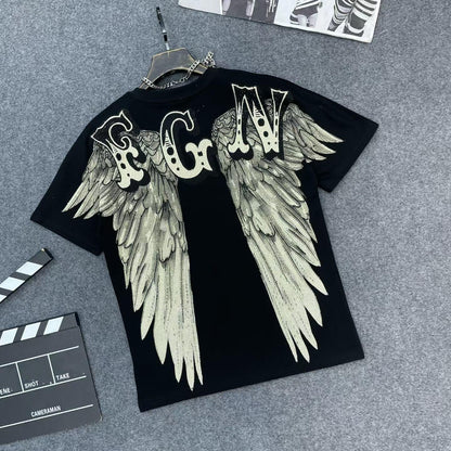 Casual Crew-Neck Short-Sleeve T-Shirt with Rhinestone Wing Design