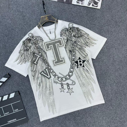 Casual Crew-Neck Short-Sleeve T-Shirt with Rhinestone Wing Design