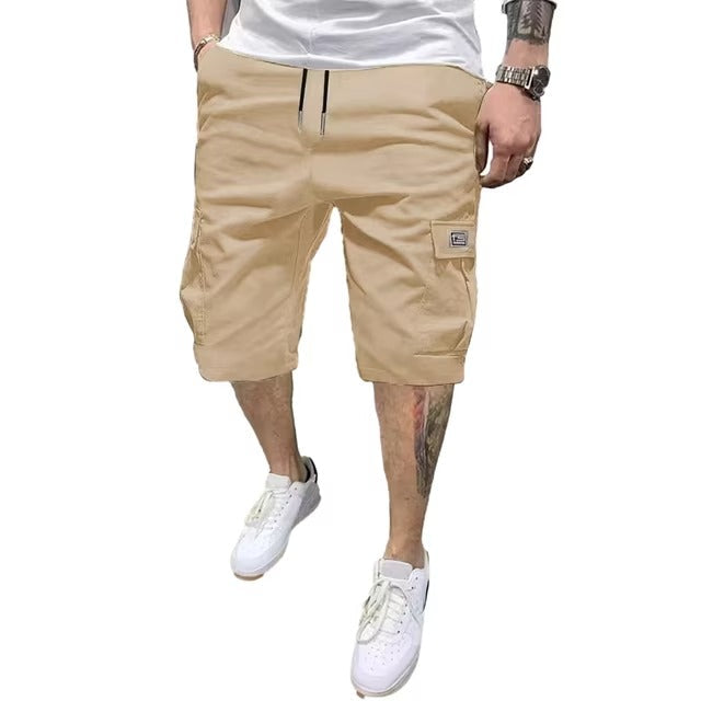 Men's Cargo Shorts Drawstring Waist Below Knee Shorts Multi-Pocket Summer Shorts for Street Beach Holiday Workout Wear