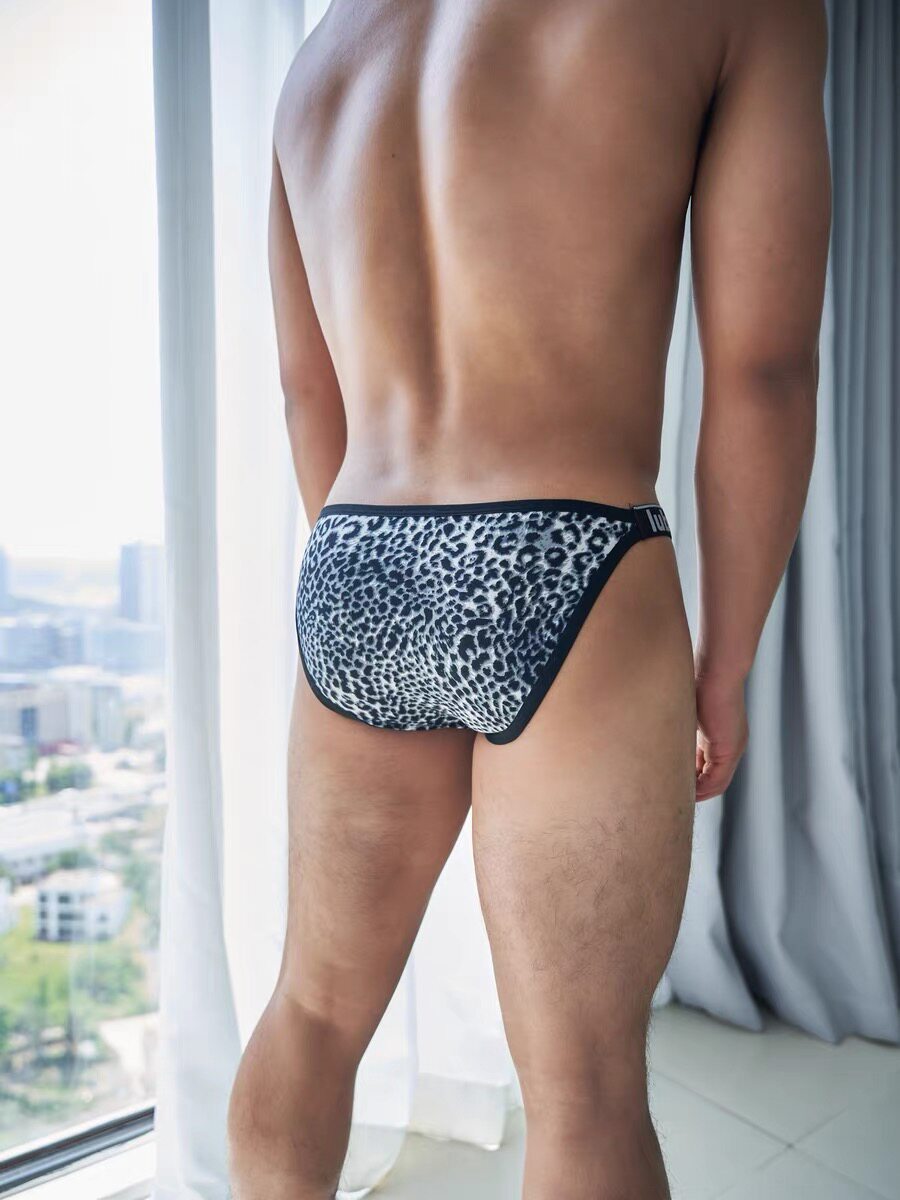 Men's Sexy Low-Rise Leopard Print Ice Silk Briefs with U-Pouch and Seamless Design
